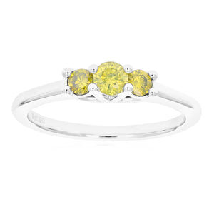 1/3 cttw 3 Stone Round Cut Yellow Diamond Engagement Ring .925 Sterling Silver Prong Set