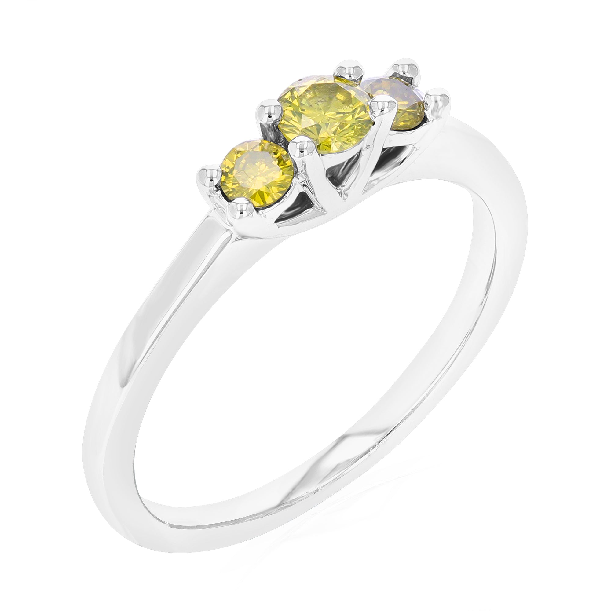 1/3 cttw 3 Stone Round Cut Yellow Diamond Engagement Ring .925 Sterling Silver Prong Set