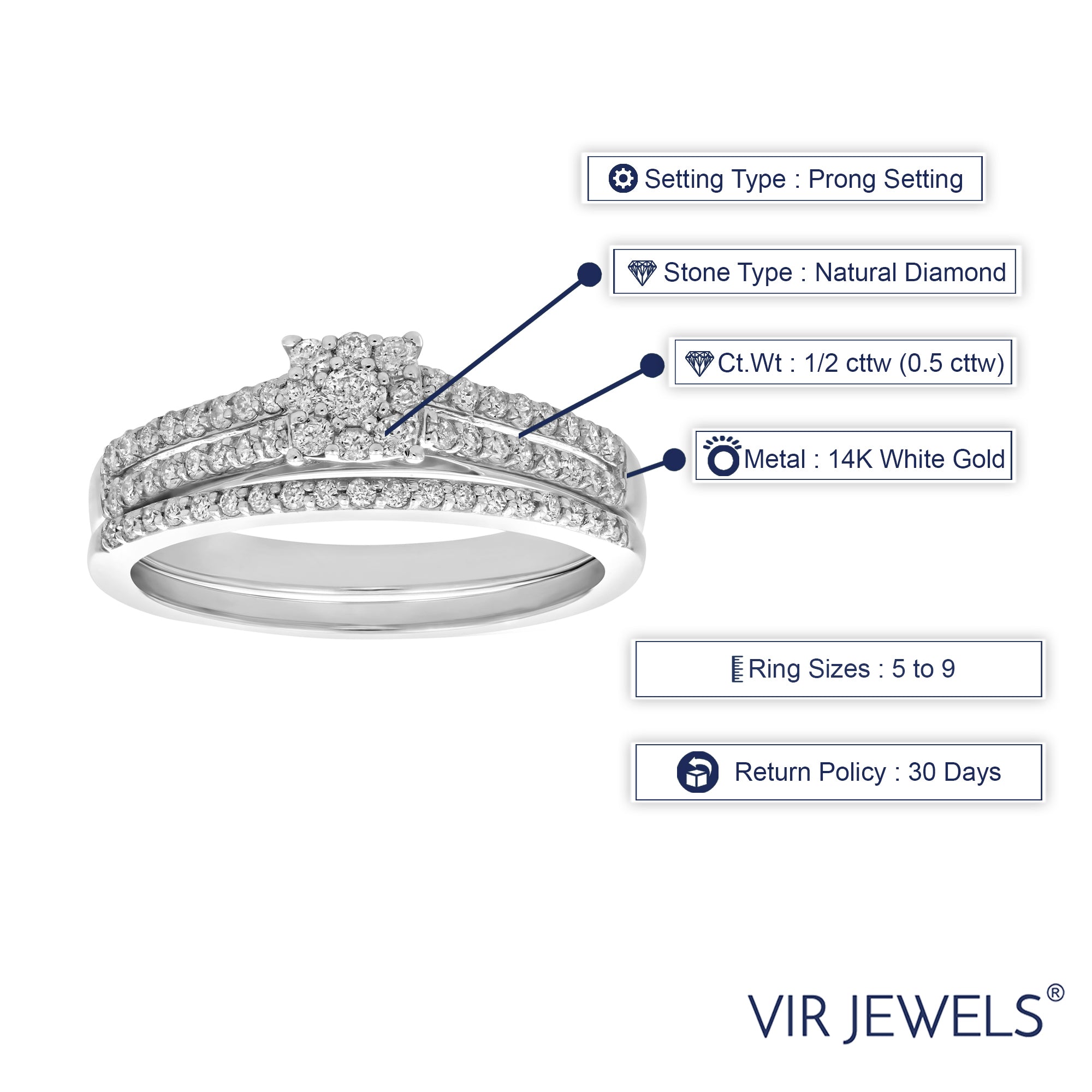 1/2 cttw Diamond Cluster Wedding Engagement Ring Set 14K White Gold Bridal