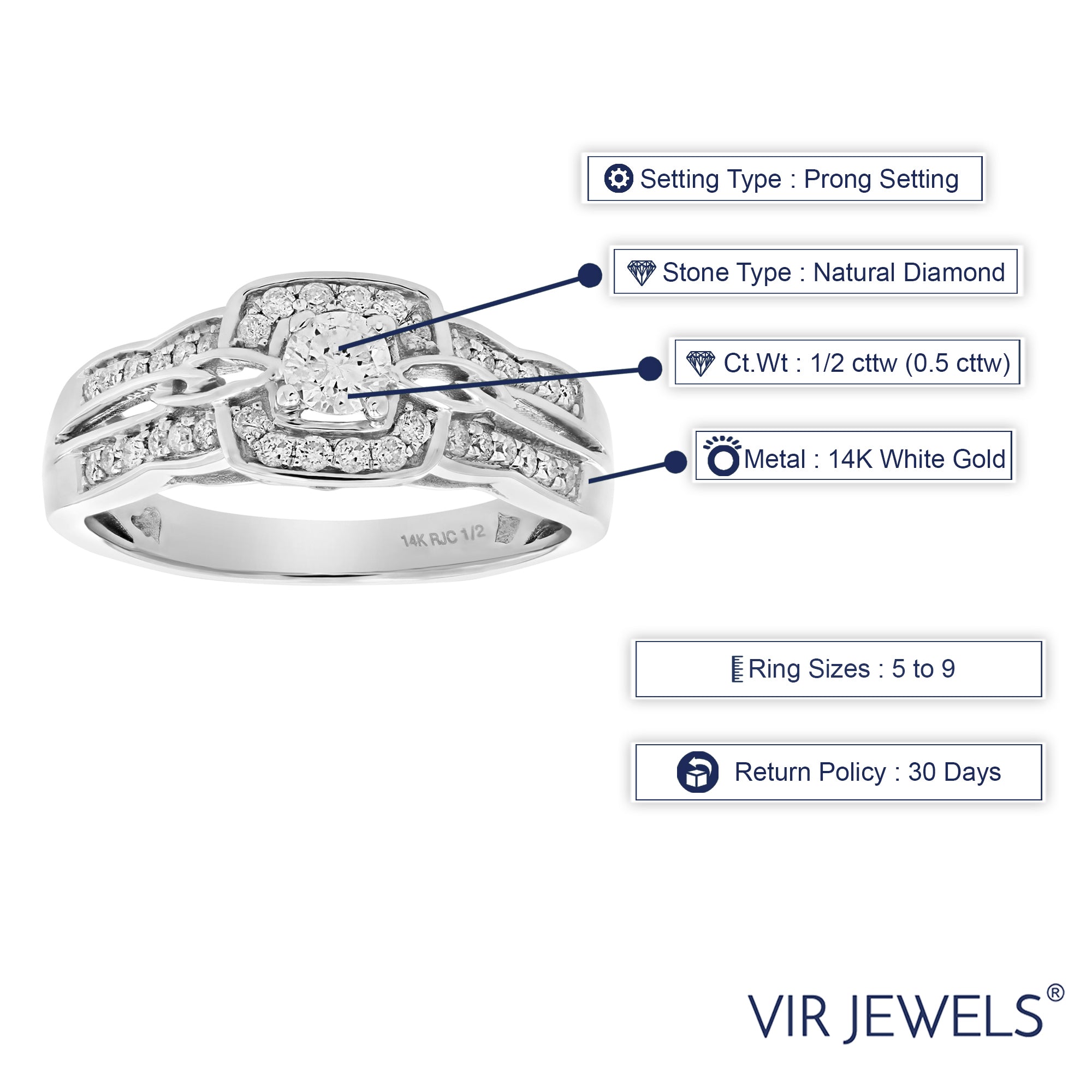 1/2 cttw Diamond Engagement Ring 14K White Gold Cushion Shape Halo Bridal Ring