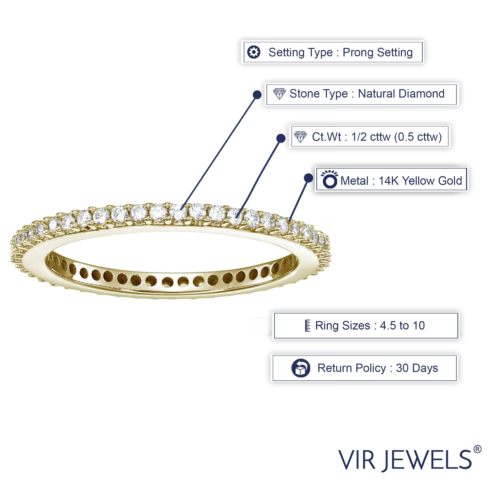 1/2 cttw Diamond Eternity Ring for Women, Wedding Band in 14K Yellow Gold Prong Set, Size 4.5-10