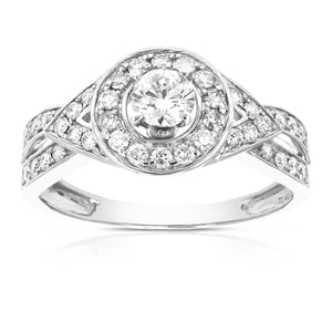 3/4 cttw Diamond Halo Round Wedding Engagement Ring 14K White Gold Bridal Ring