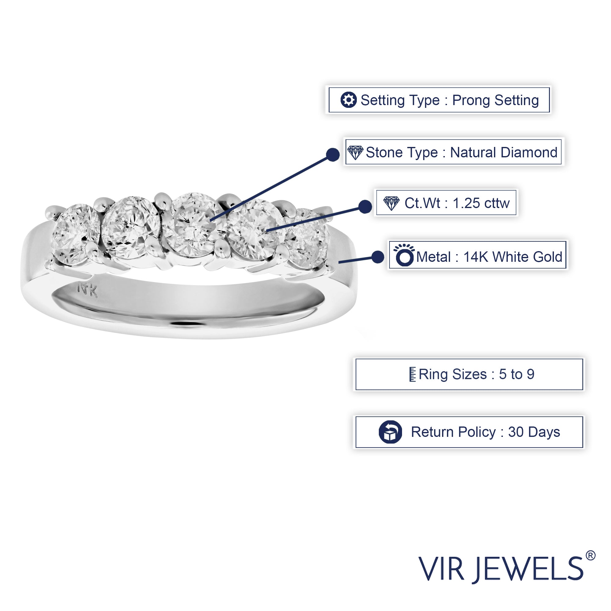 1 1/4 cttw Diamond 5 Stone Ring 14K White Gold Size 7