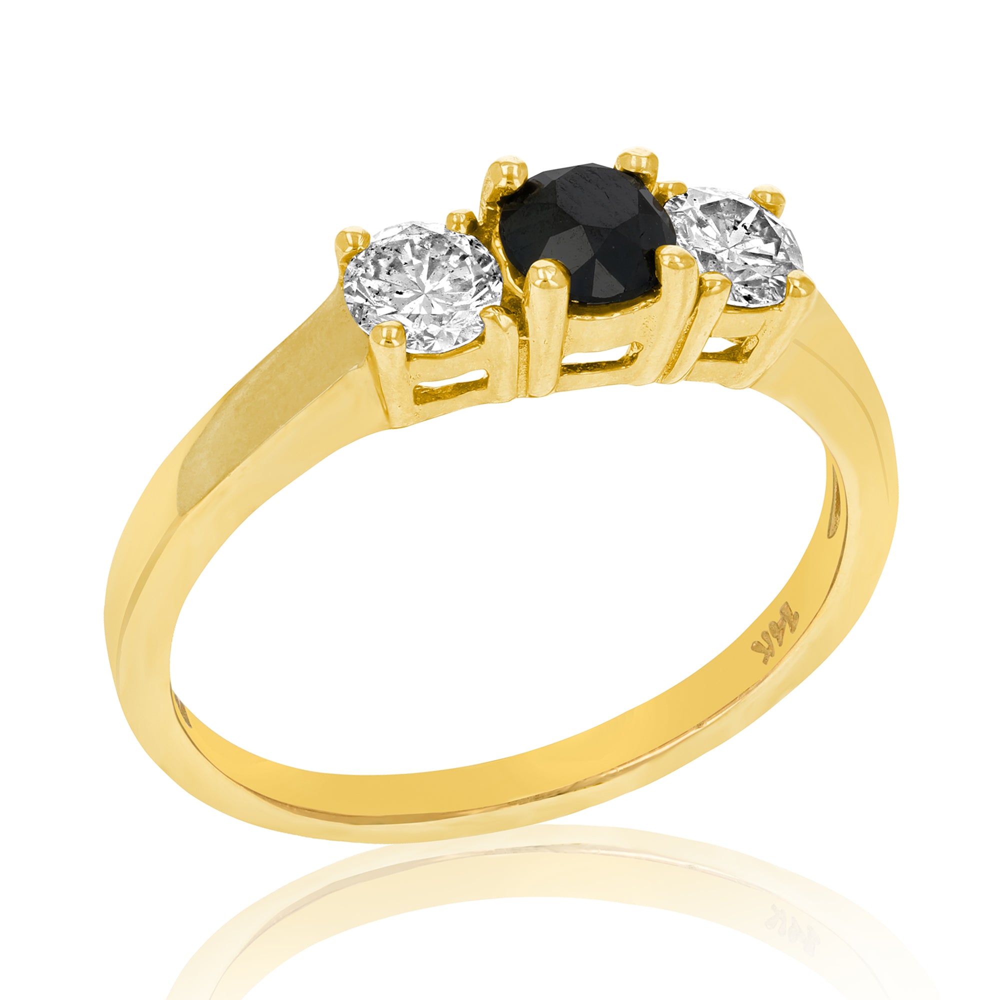 1 cttw 3 Stone Black and White Diamond Engagement Ring 14K Yellow Gold Bridal