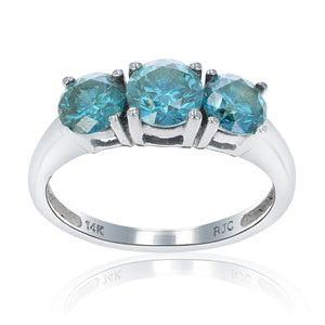 2 cttw 3 Stone Round Blue Diamond Engagement Ring 14K White Gold Bridal Wedding
