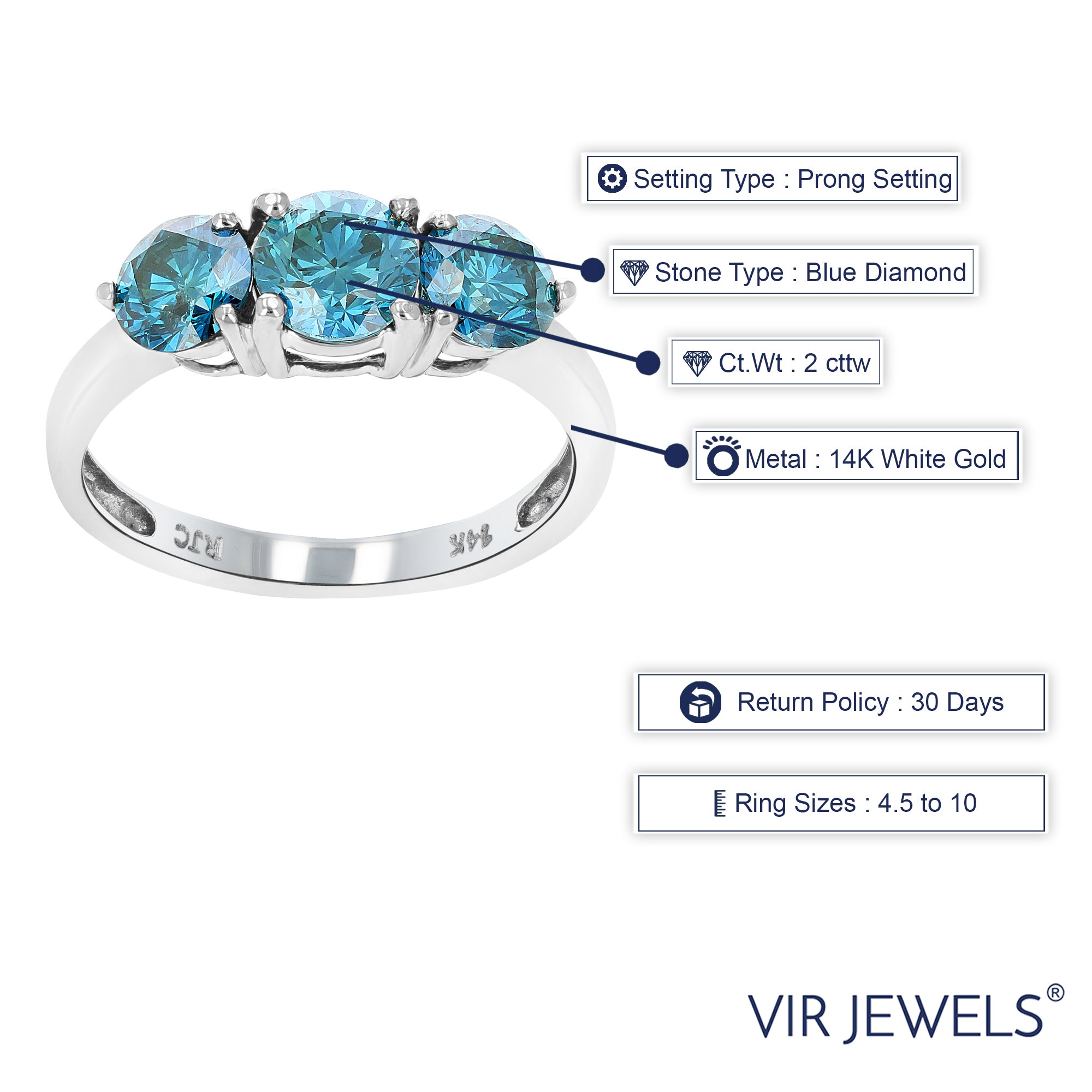 2 cttw 3 Stone Round Blue Diamond Engagement Ring 14K White Gold Bridal Wedding Size 7