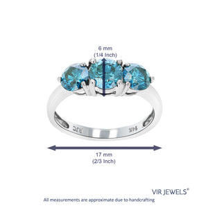 2 cttw 3 Stone Round Blue Diamond Engagement Ring 14K White Gold Bridal Wedding Size 7
