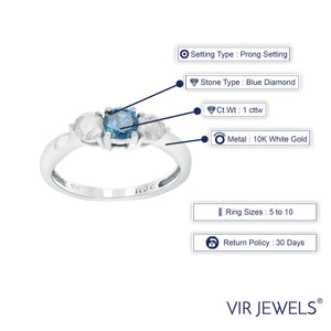 1 cttw 3 Stone Blue and White Diamond Engagement Ring in 10K White Gold Size 7
