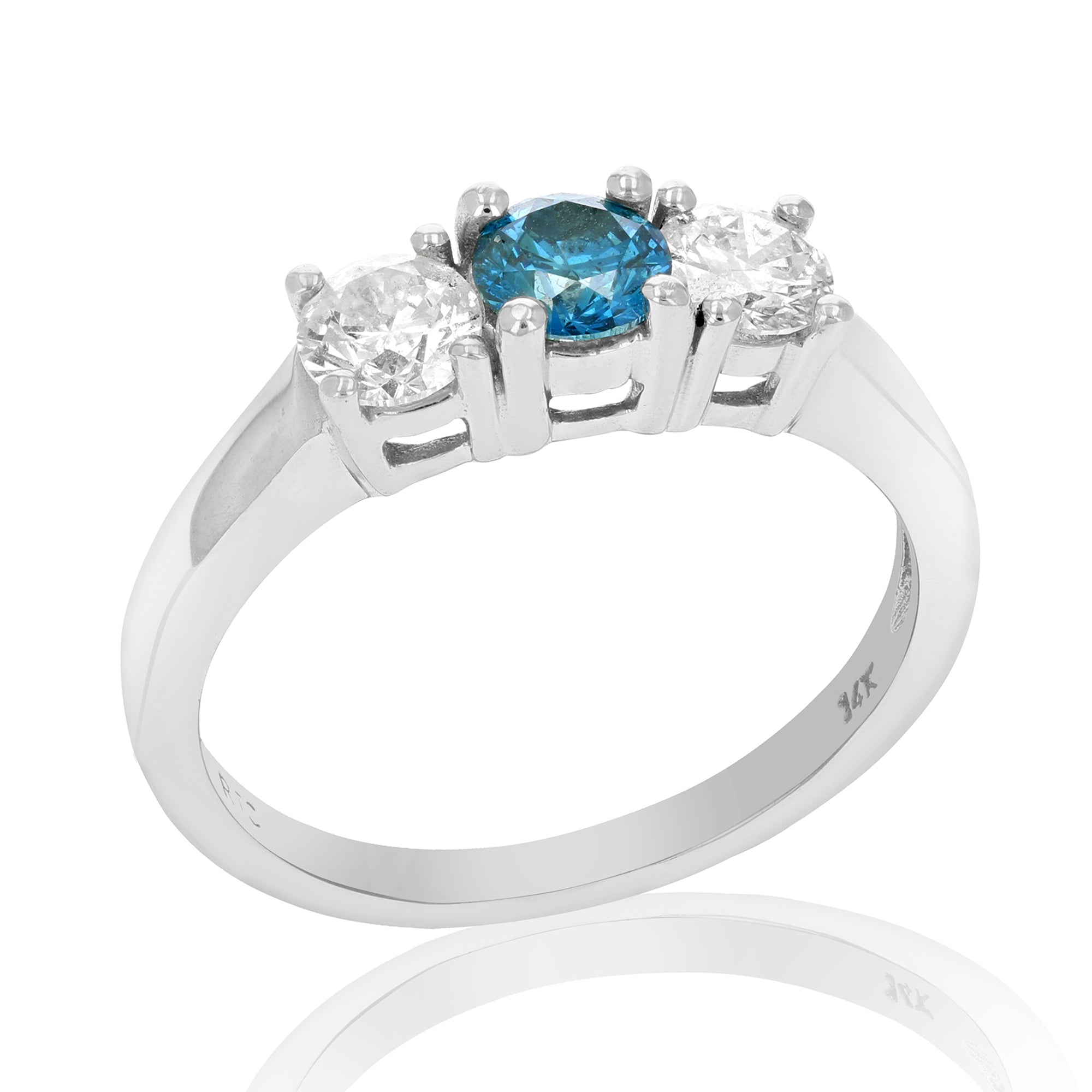 1 cttw 3 Stone Blue and White Diamond Engagement Ring 14K White Gold Bridal