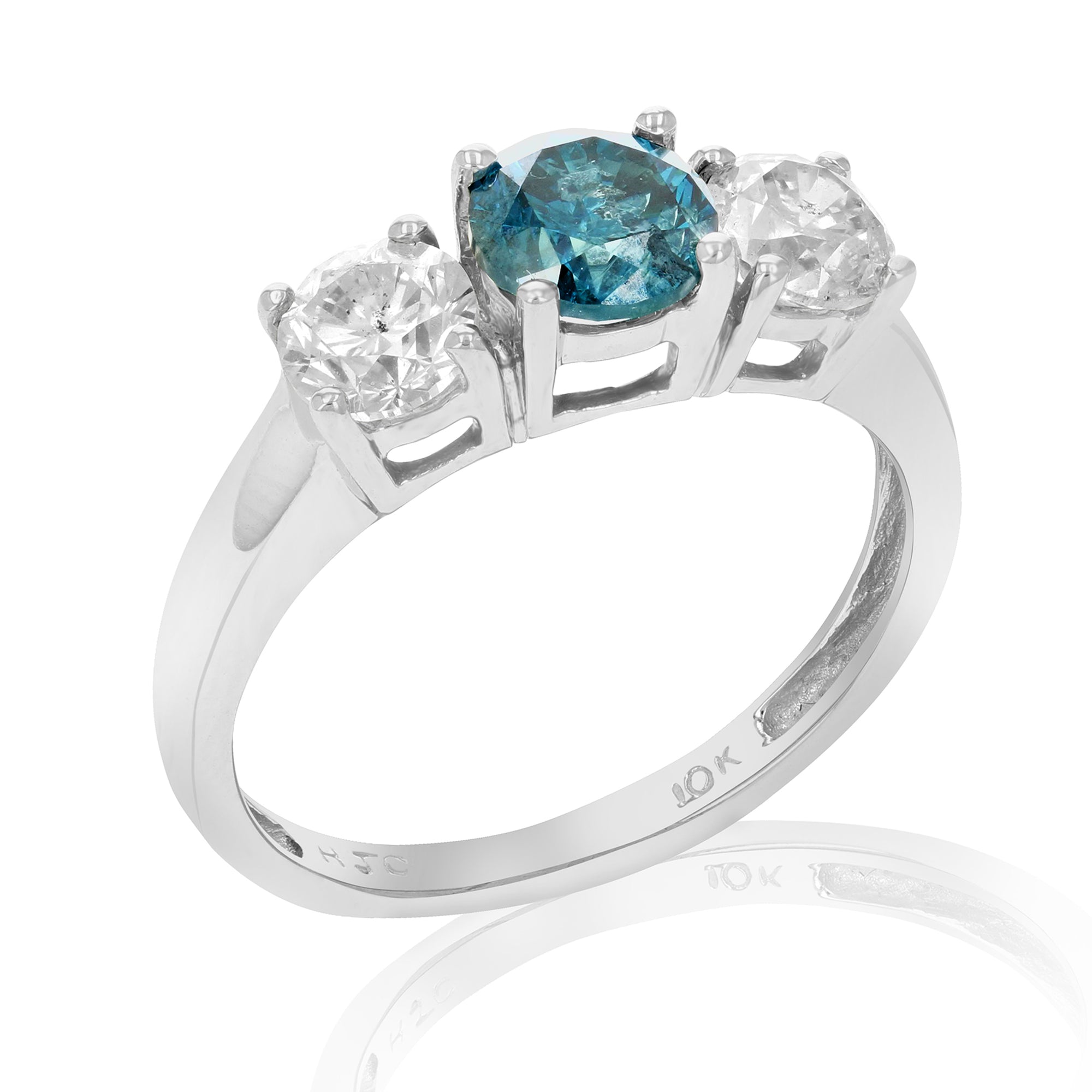 2 cttw 3 Stone Blue and White Diamond Engagement Ring 10K White Gold Size 7