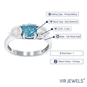 2 cttw 3 Stone Blue and White Diamond Engagement Ring 14K White Gold Size 7