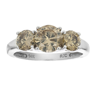 2 cttw 3 Stone Round Champagne Diamond Engagement Ring 14K White Gold Bridal