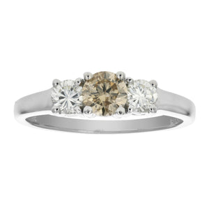 1 cttw 3 Stone Champagne and White Diamond Engagement Ring 14K White Gold