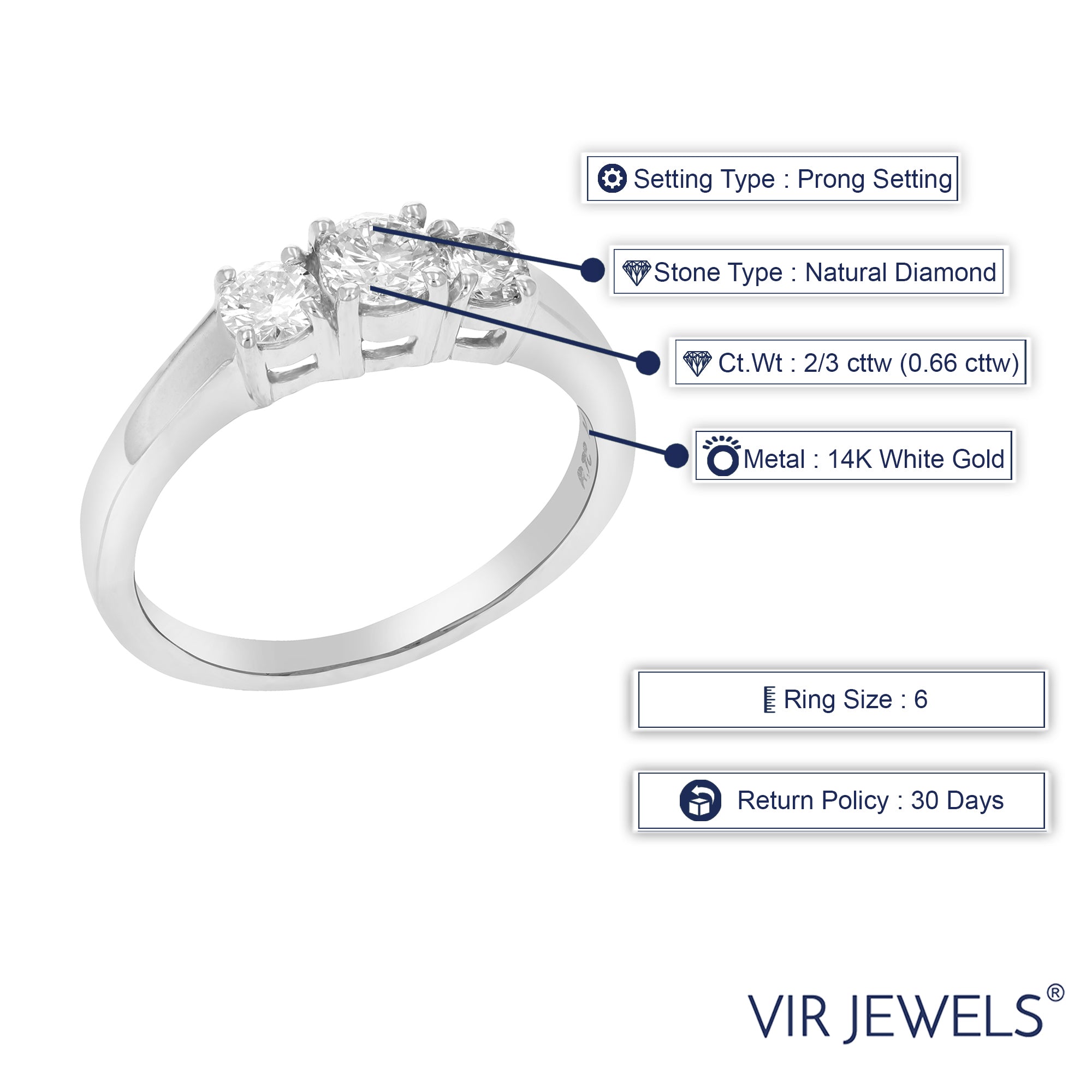 2/3 cttw 3 Stone Diamond Engagement Ring 14K White Gold Bridal Wedding Ring