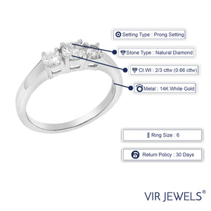 2/3 cttw 3 Stone Diamond Engagement Ring 14K White Gold Bridal Wedding Ring