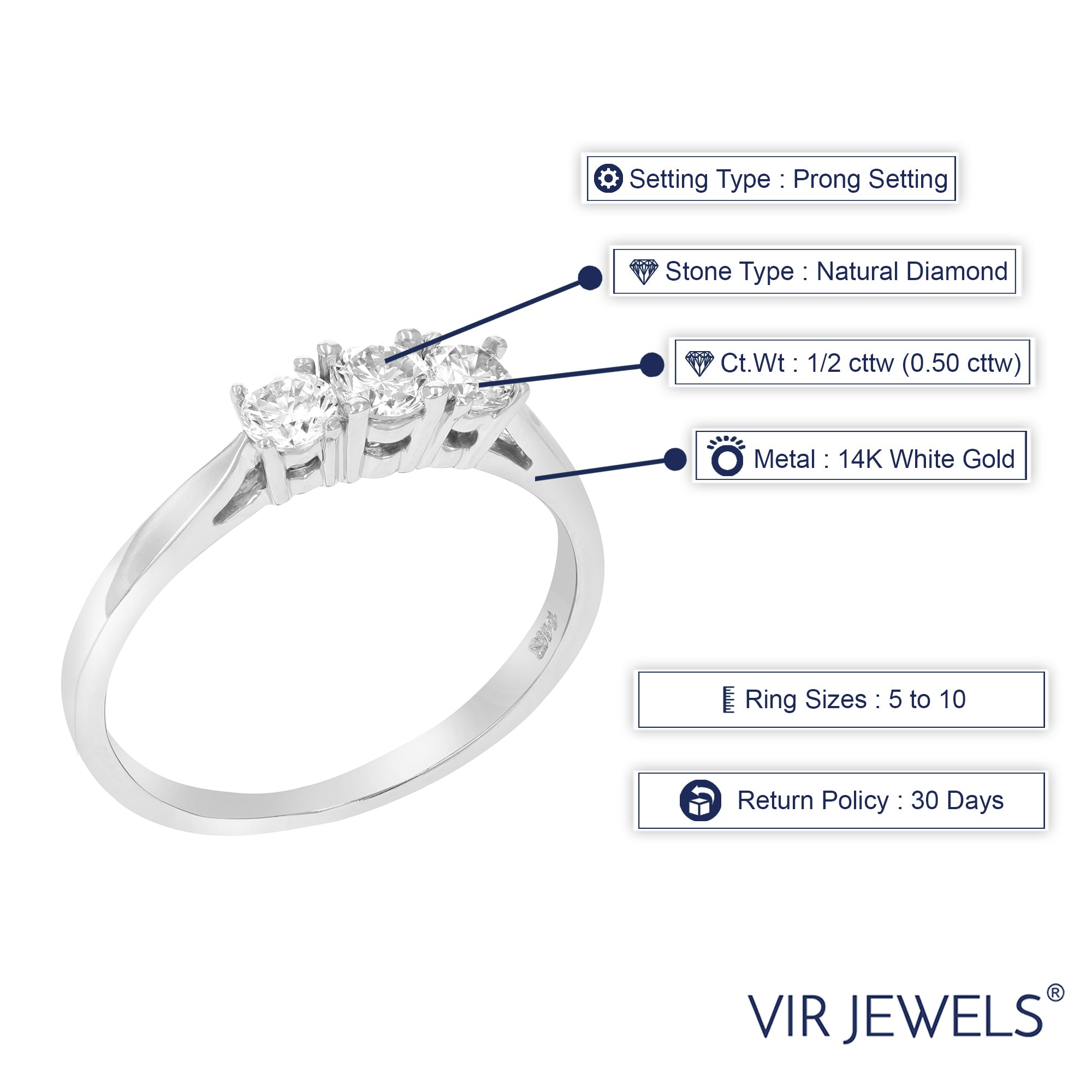 1/2 cttw 3 Stone Diamond Engagement Ring 14K White Gold Round Bridal Wedding