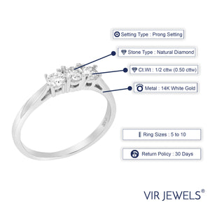 1/2 cttw 3 Stone Diamond Engagement Ring 14K White Gold Round Bridal Wedding