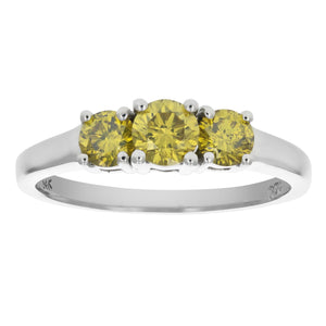 1 cttw 3 Stone Round Yellow Diamond Engagement Ring 14K White Gold Bridal