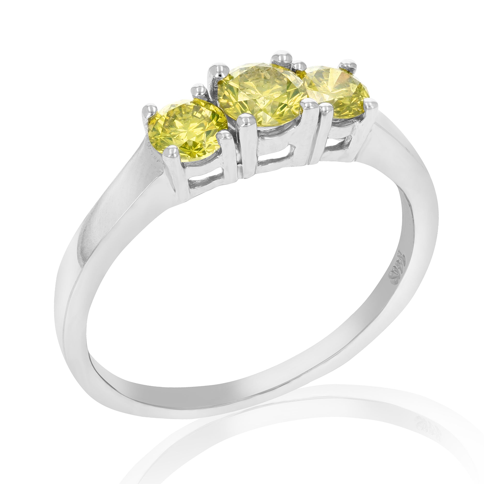 1 cttw 3 Stone Round Yellow Diamond Engagement Ring 14K White Gold Bridal