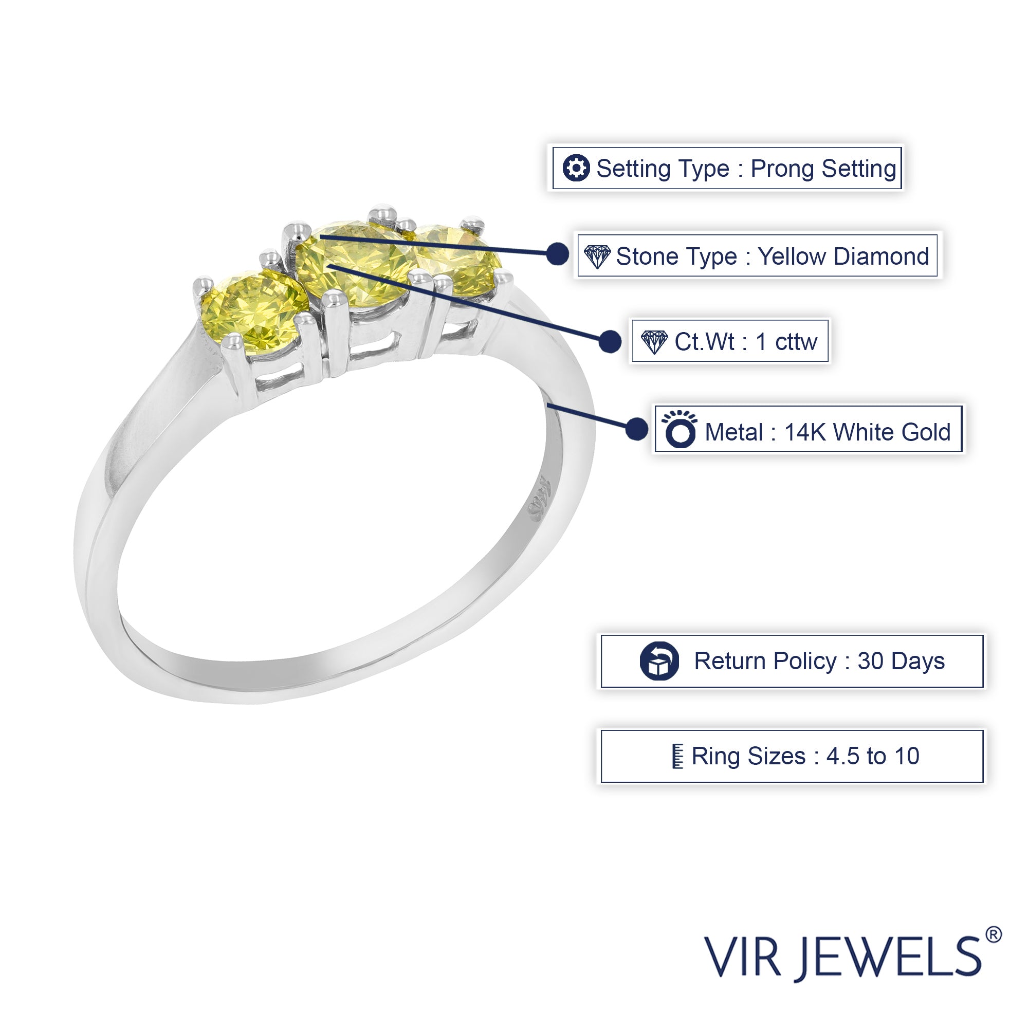 1 cttw 3 Stone Round Yellow Diamond Engagement Ring 14K White Gold Bridal