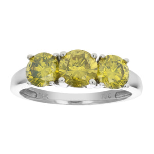 2 cttw 3 Stone Round Yellow Diamond Engagement Ring 14K White Gold Bridal