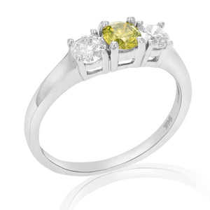 1 cttw 3 Stone Yellow and White Diamond Engagement Ring 14K White Gold Bridal