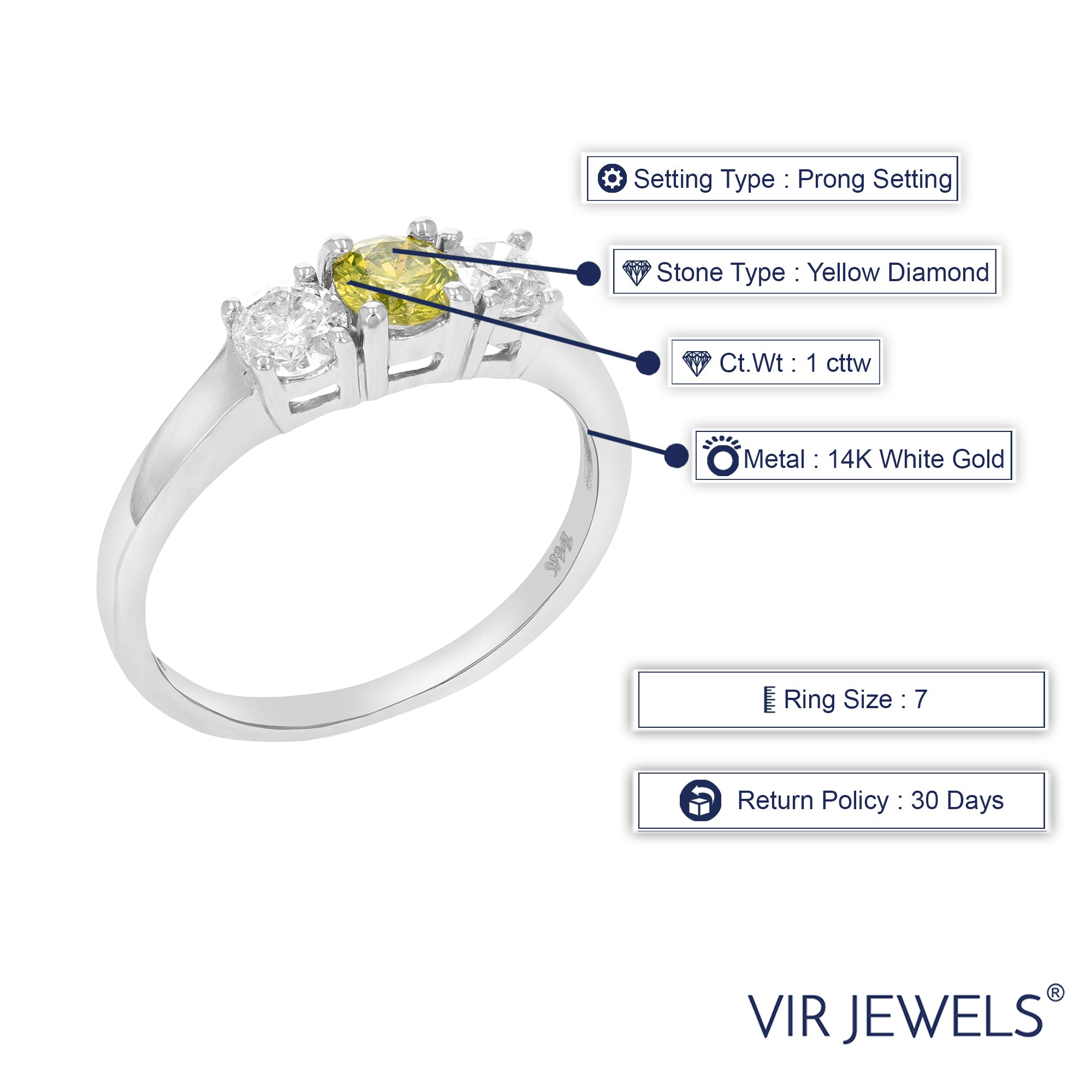 1 cttw 3 Stone Yellow and White Diamond Engagement Ring 14K White Gold Bridal