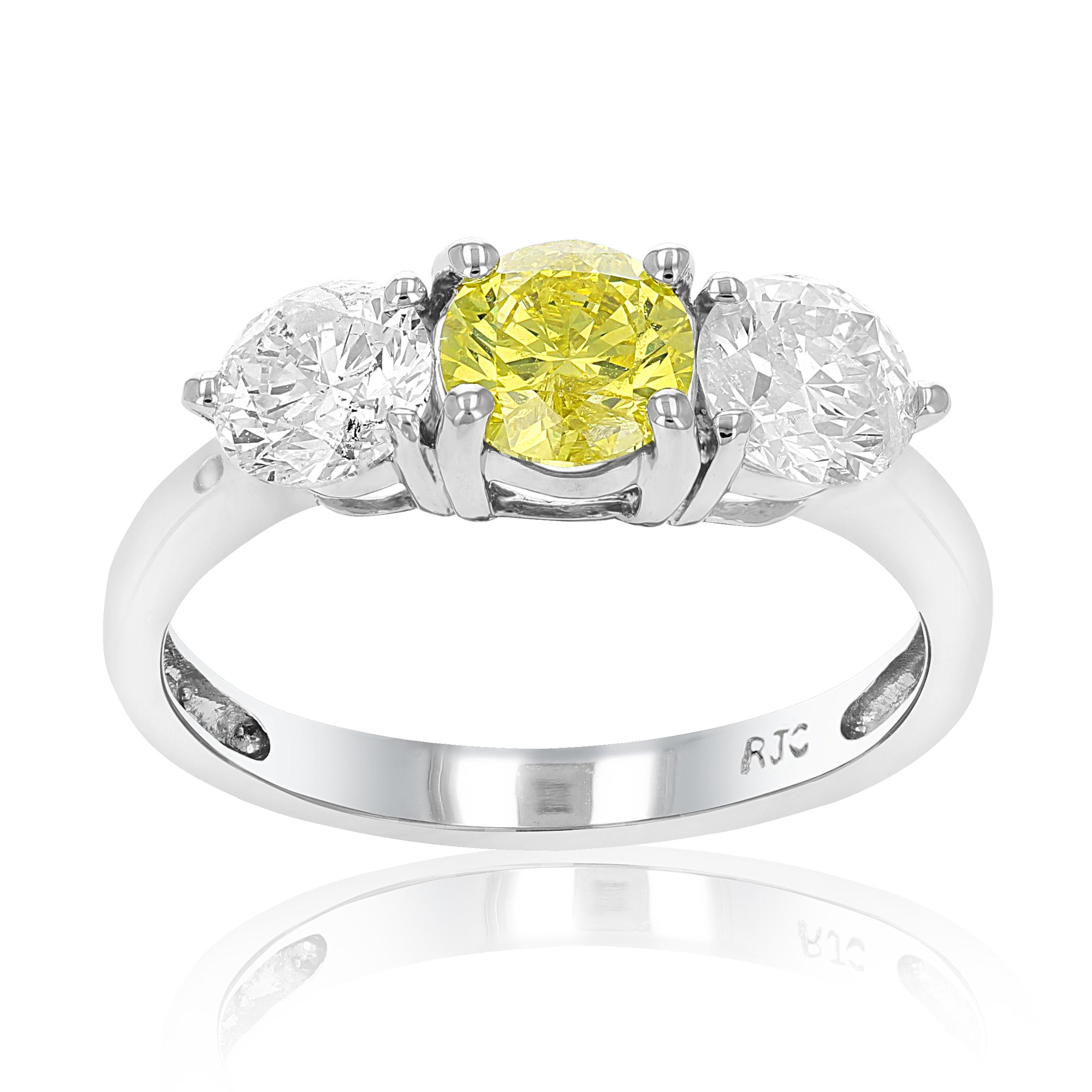 2 cttw 3 Stone Yellow and White Diamond Engagement Ring 14K White Gold Size 7