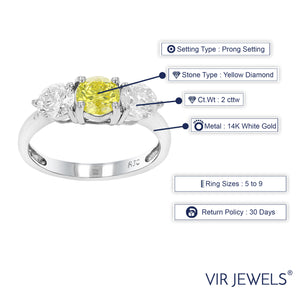 2 cttw 3 Stone Yellow and White Diamond Engagement Ring 14K White Gold Size 7