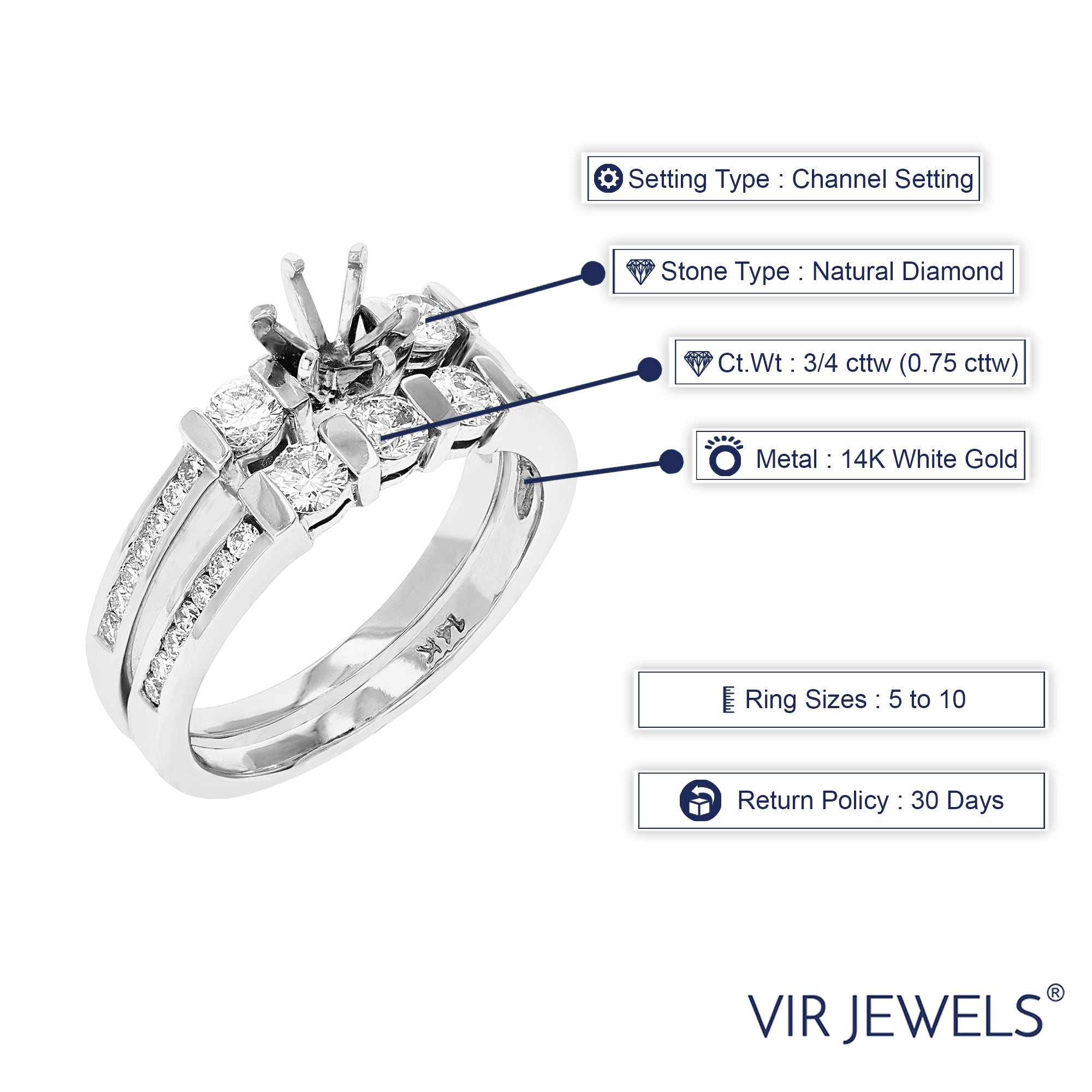 3/4 cttw Semi Mount Diamond Wedding Bridal Set 14K White Gold Round Size 7