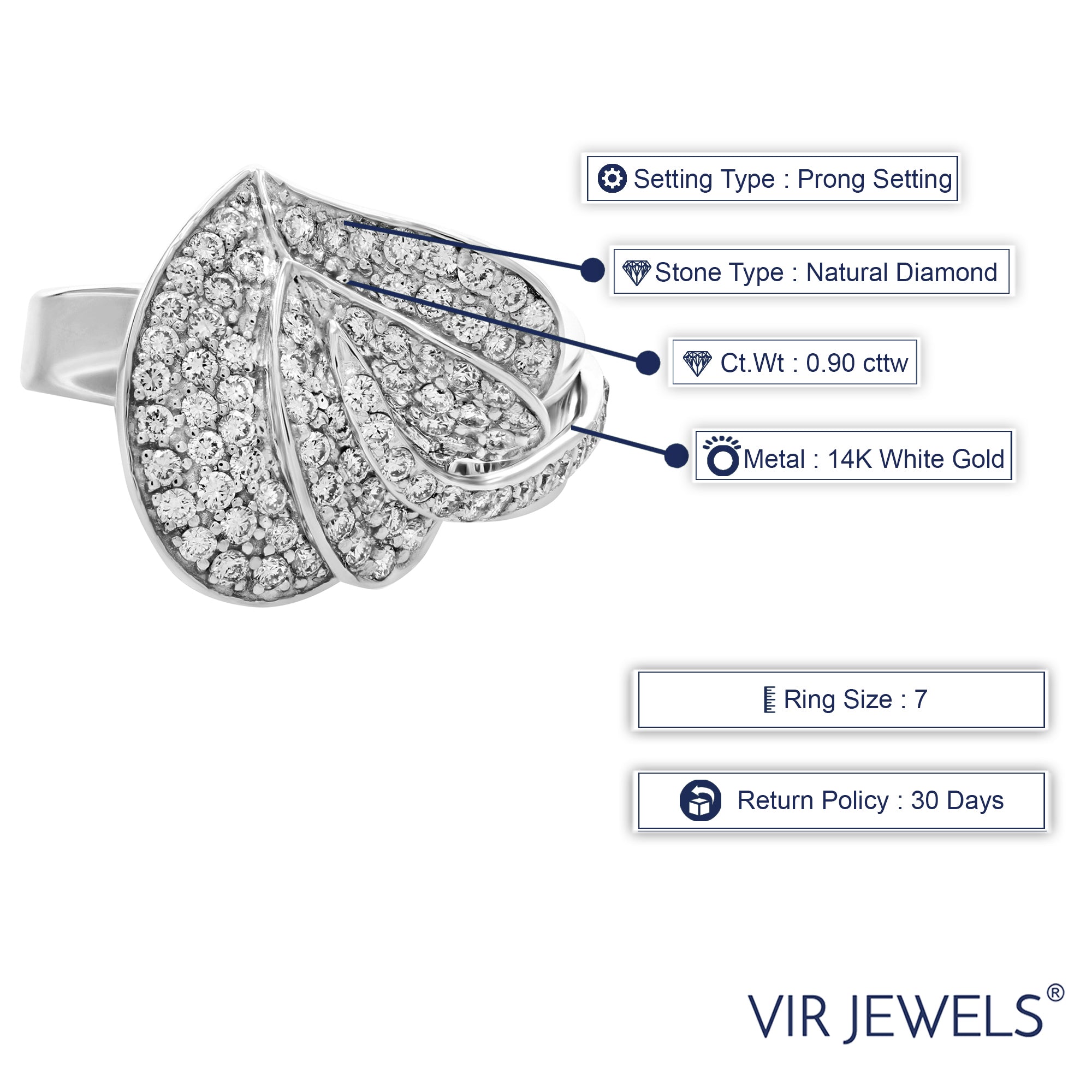 0.90 cttw Diamond Heart Leaf Fashion Ring 14K White Gold Round Size 7