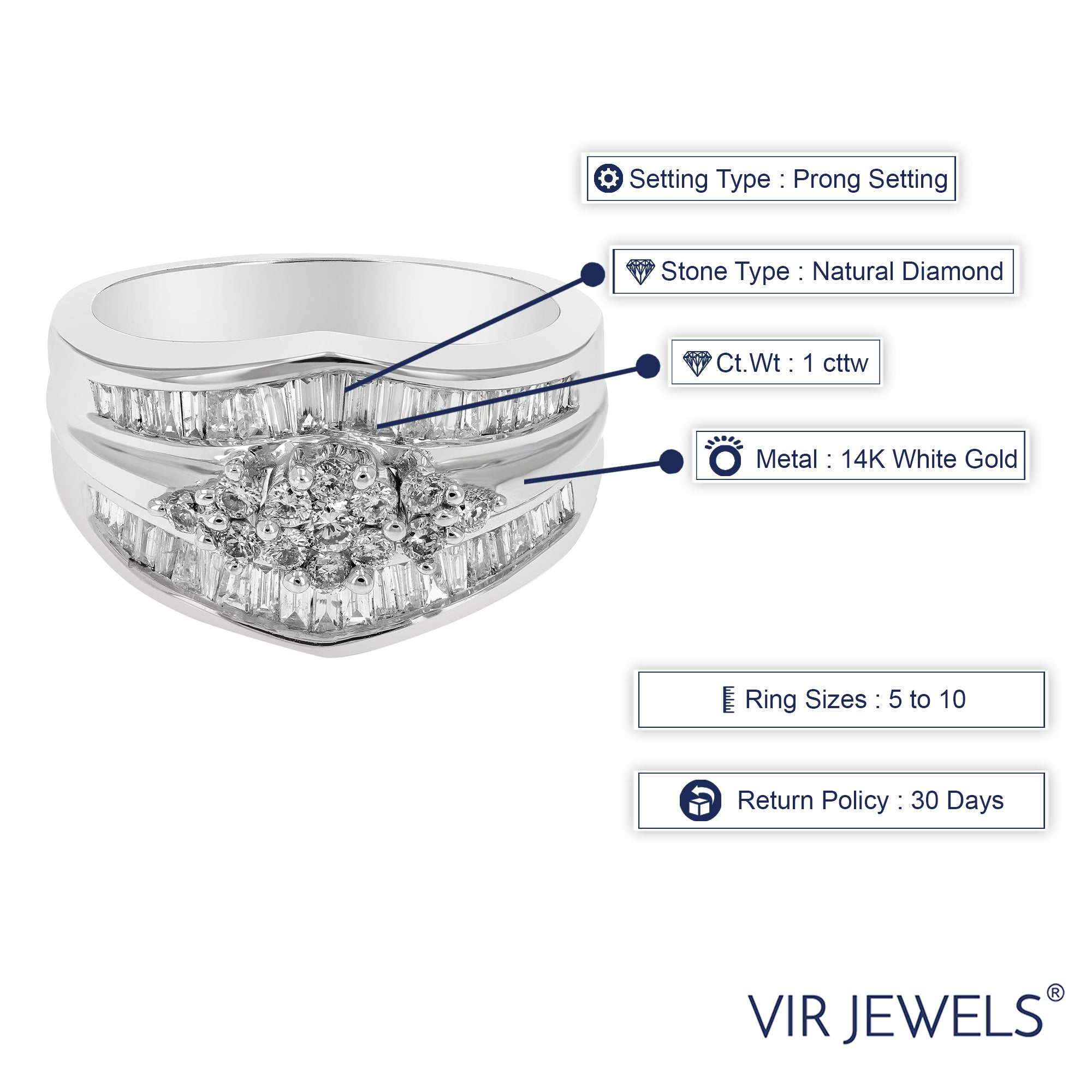 1 cttw SI3-I1 Diamond Cocktail Engagement Ring 14K White Gold Round Prong Size 7