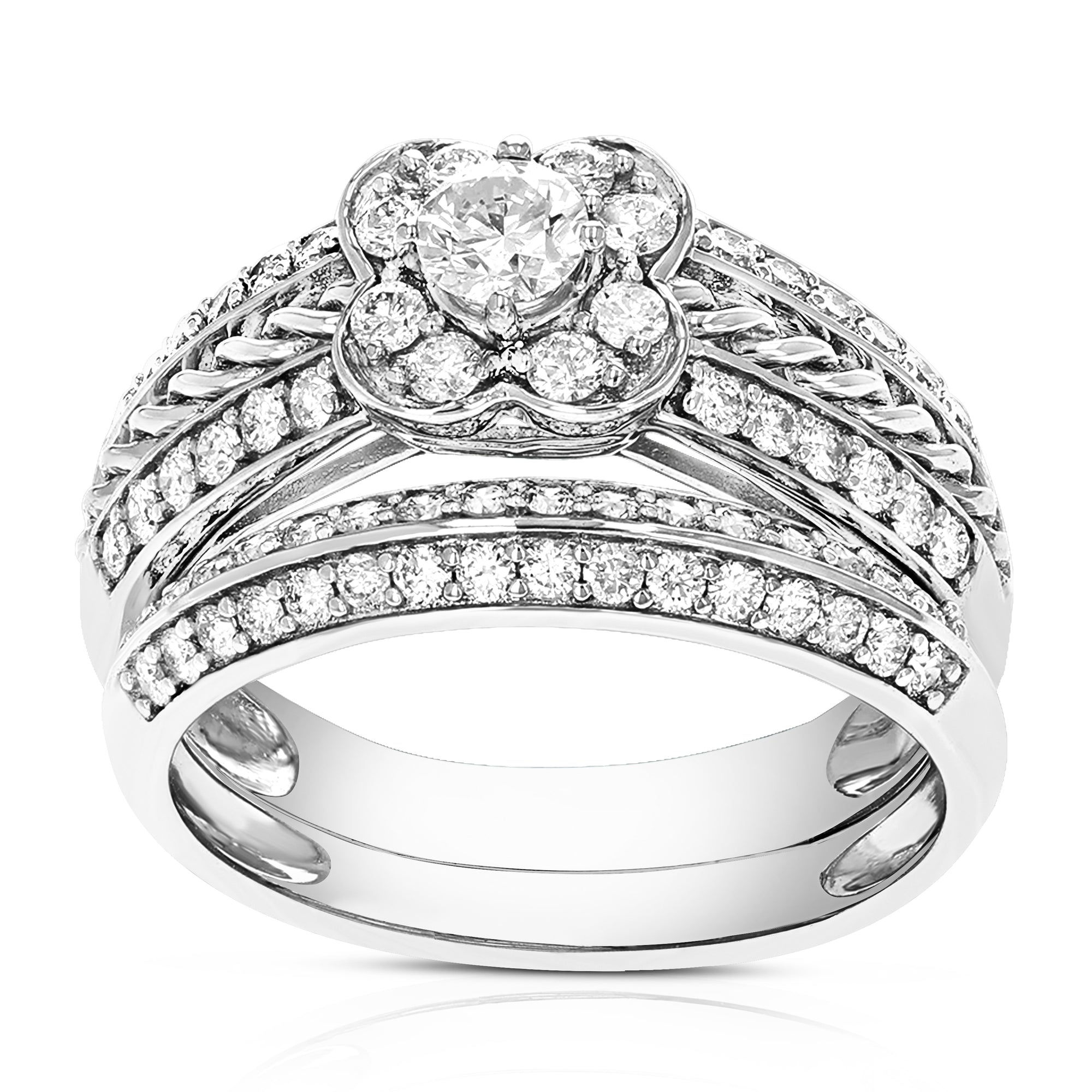 1 cttw Diamond Two Row Flower Wedding Engagement Ring Set 14K White Gold Bridal