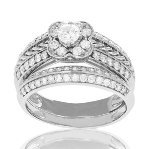 1 cttw Diamond Two Row Flower Wedding Engagement Ring Set 14K White Gold Bridal