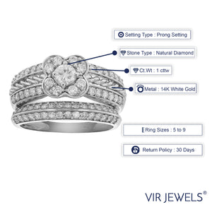 1 cttw Diamond Two Row Flower Wedding Engagement Ring Set 14K White Gold Bridal