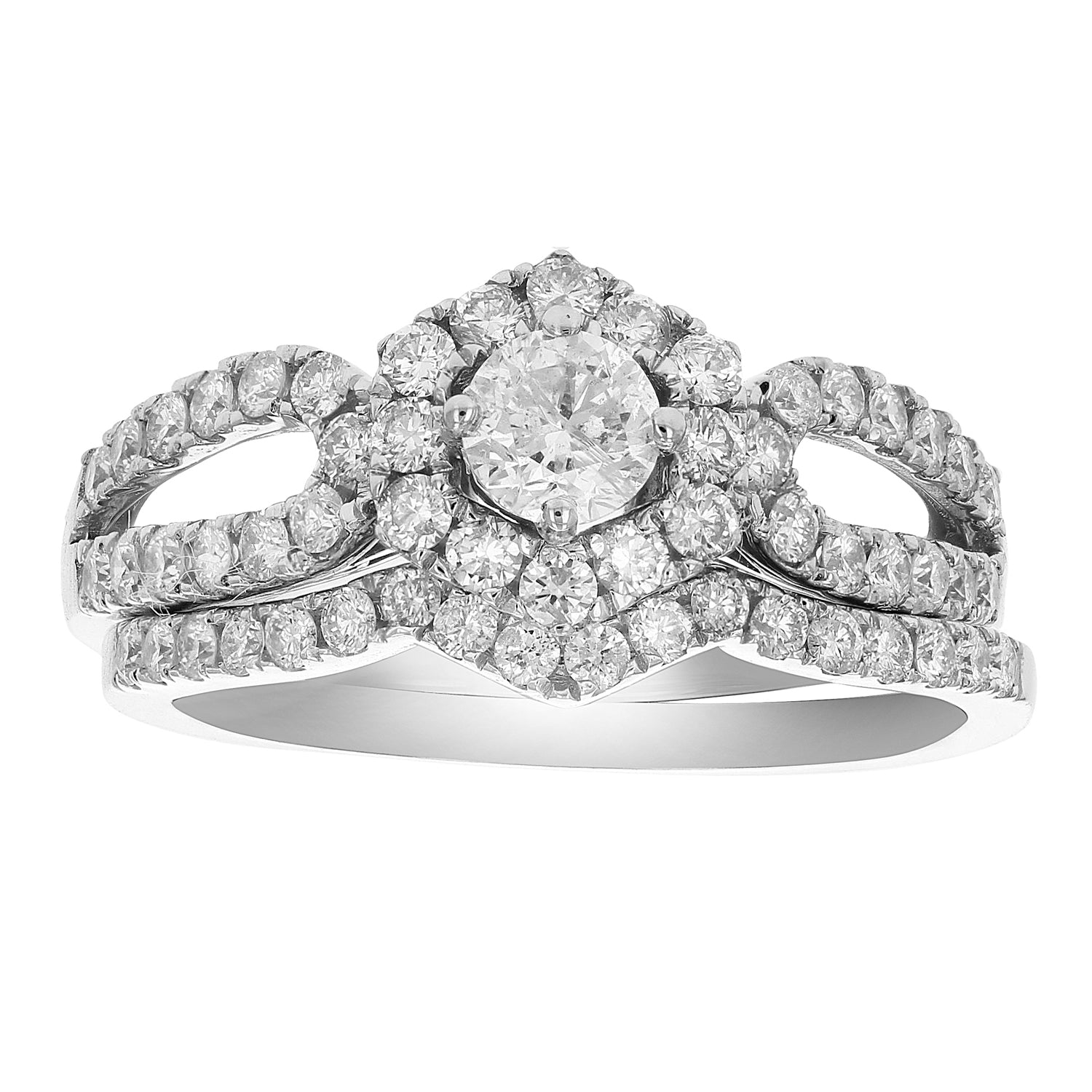 1 cttw Diamond Halo Hexagon Wedding Engagement Ring Set 14K White Gold Bridal