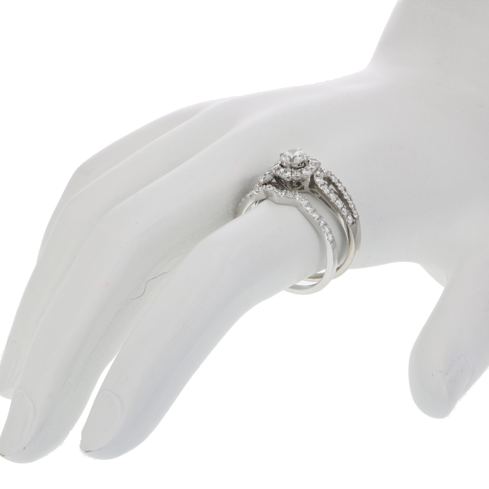 1 cttw Diamond Halo Hexagon Wedding Engagement Ring Set 14K White Gold Bridal