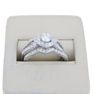 1 cttw Diamond Halo Hexagon Wedding Engagement Ring Set 14K White Gold Bridal