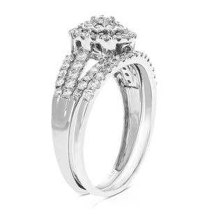 7/8 cttw Diamond Wedding Engagement Ring Set 14K White Gold Prong Flower