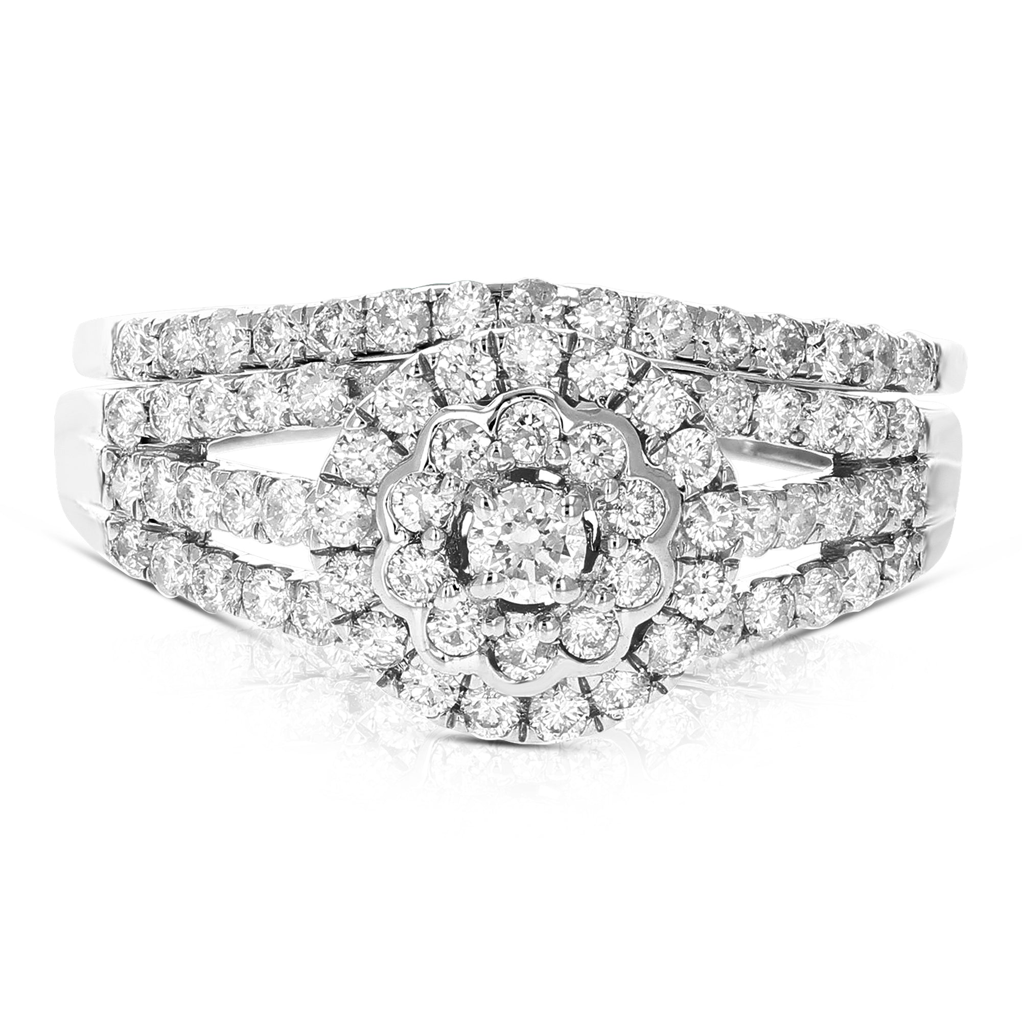 7/8 cttw Diamond Wedding Engagement Ring Set 14K White Gold Prong Flower
