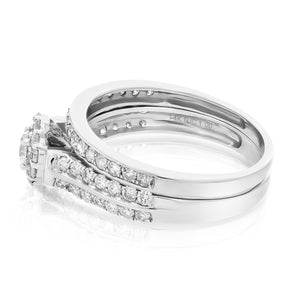 7/8 cttw Diamond Halo Cluster Wedding Engagement Ring Set 14K White Gold Bridal