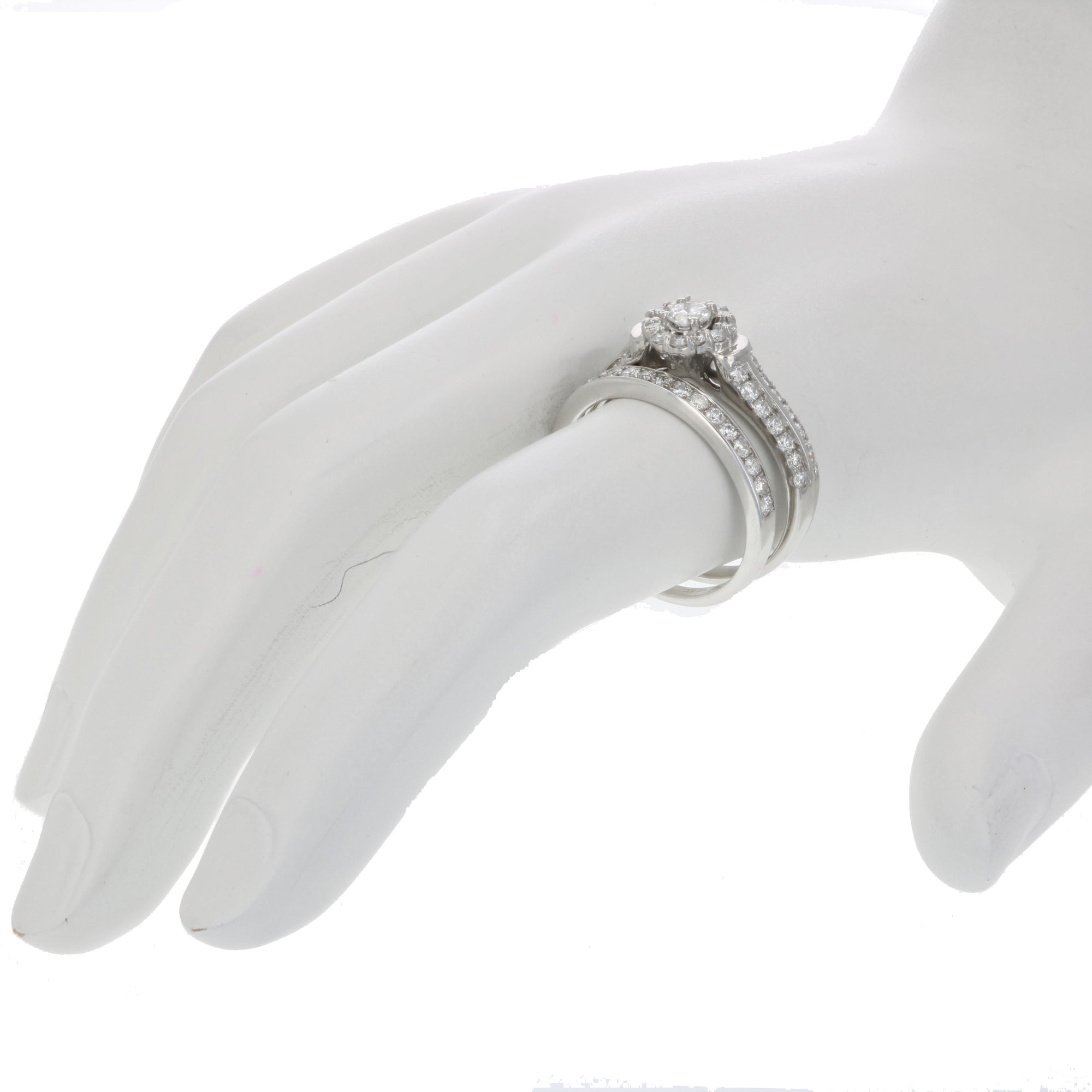 1 cttw Diamond Halo Cluster Wedding Engagement Ring Set 14K White Gold Bridal