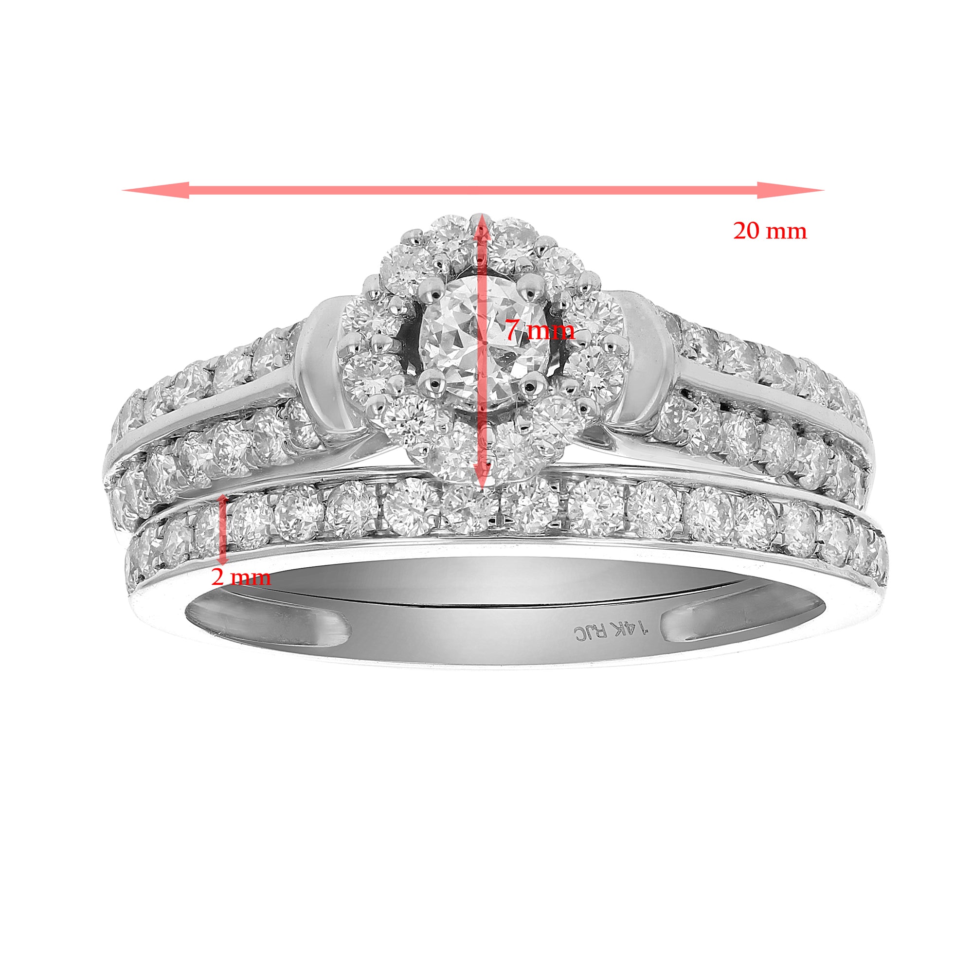 7/8 cttw Diamond Halo Cluster Wedding Engagement Ring Set 14K White Gold Bridal