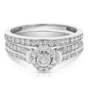 7/8 cttw Diamond Halo Cluster Wedding Engagement Ring Set 14K White Gold Bridal