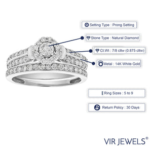 7/8 cttw Diamond Halo Cluster Wedding Engagement Ring Set 14K White Gold Bridal