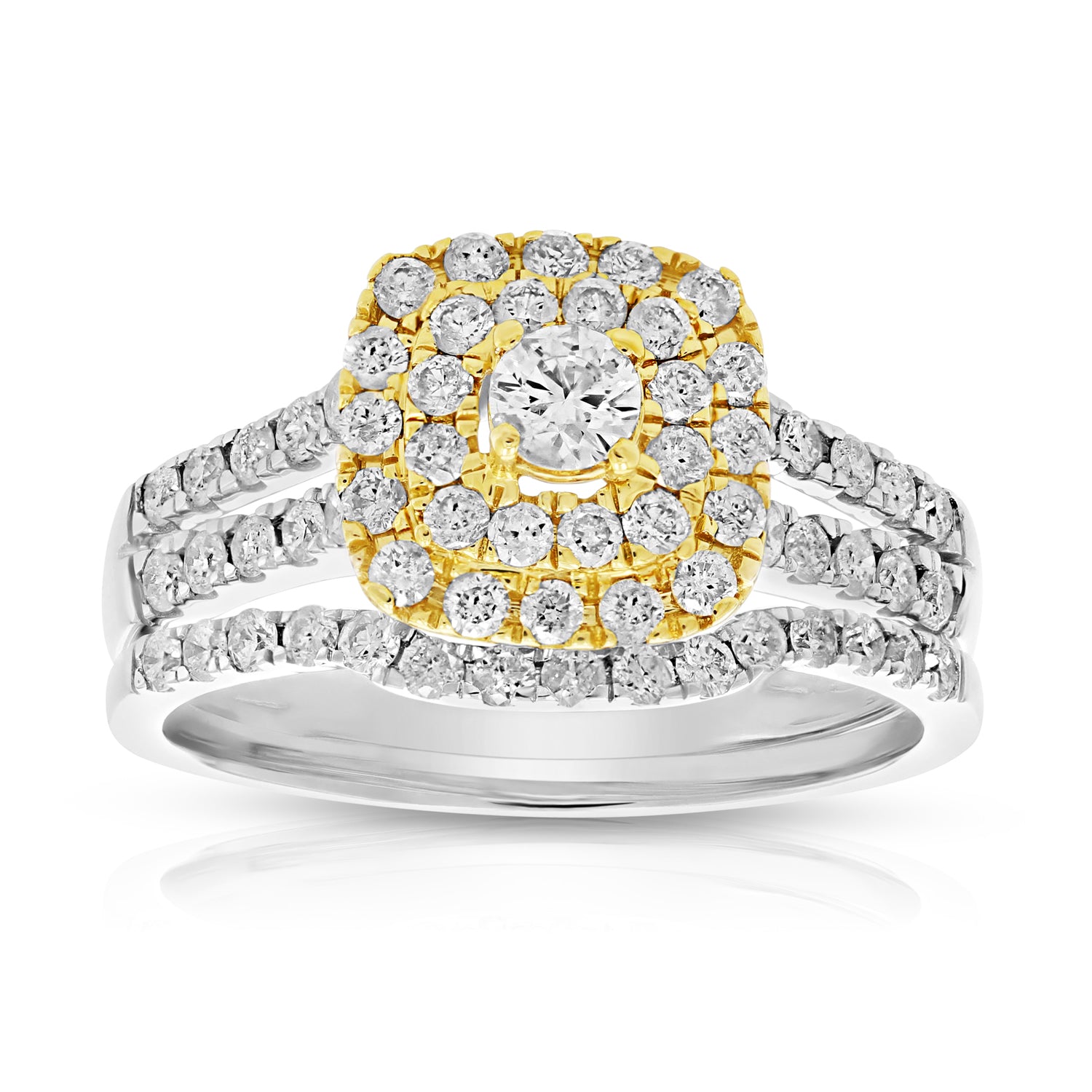 1 cttw Diamond Wedding Bridal Ring Set 14K Two Tone Gold Cushion Halo Engagement