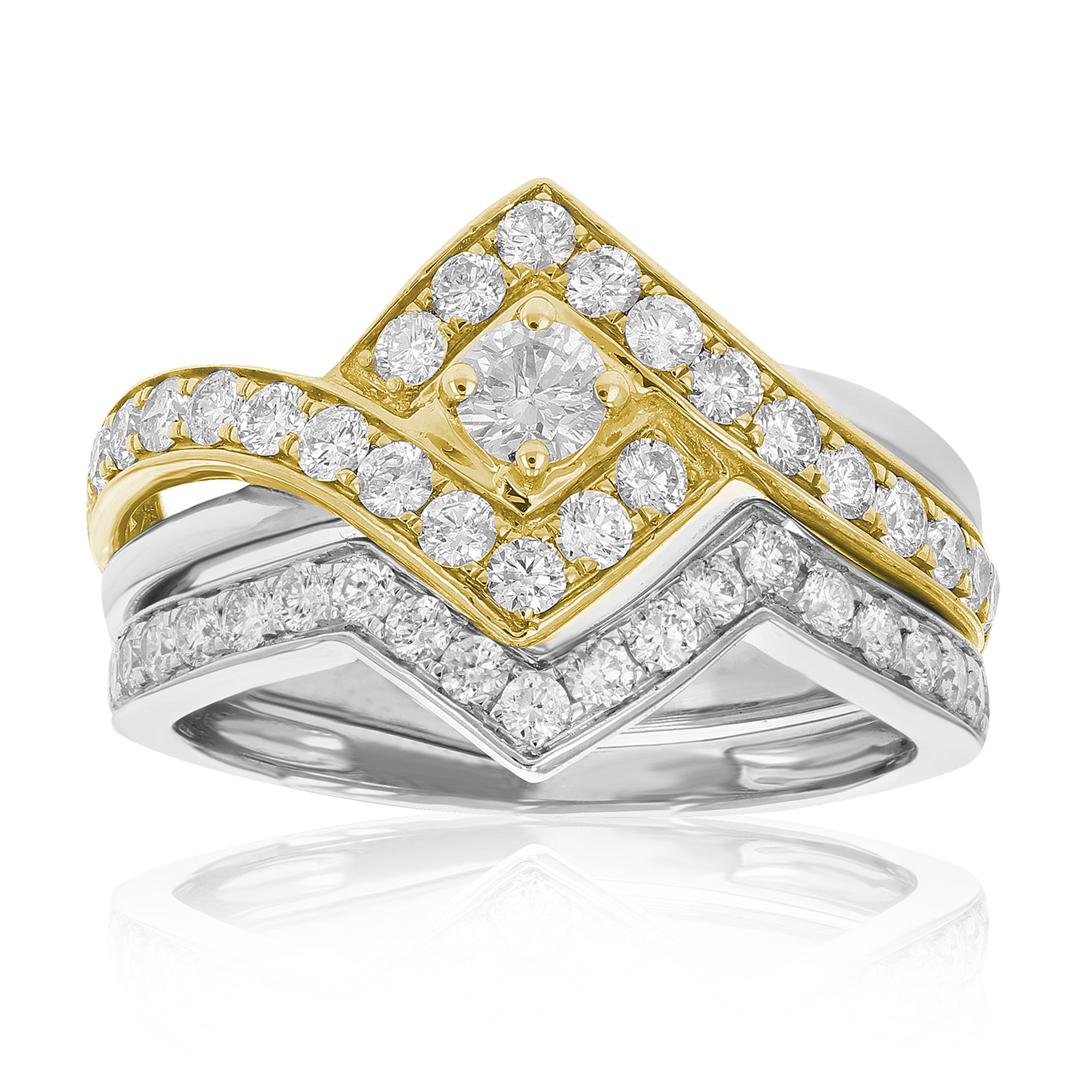1 cttw Diamond Wedding Engagement Ring Set 14K Two Tone Gold Princess Halo Style