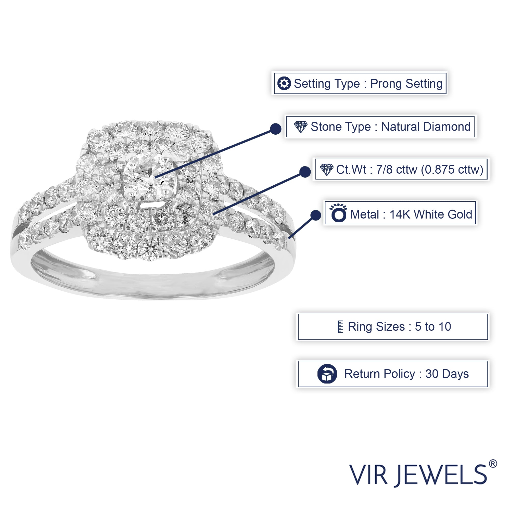 7/8 cttw Diamond Wedding Engagement Ring 14K White Gold Cushion Shape Bridal