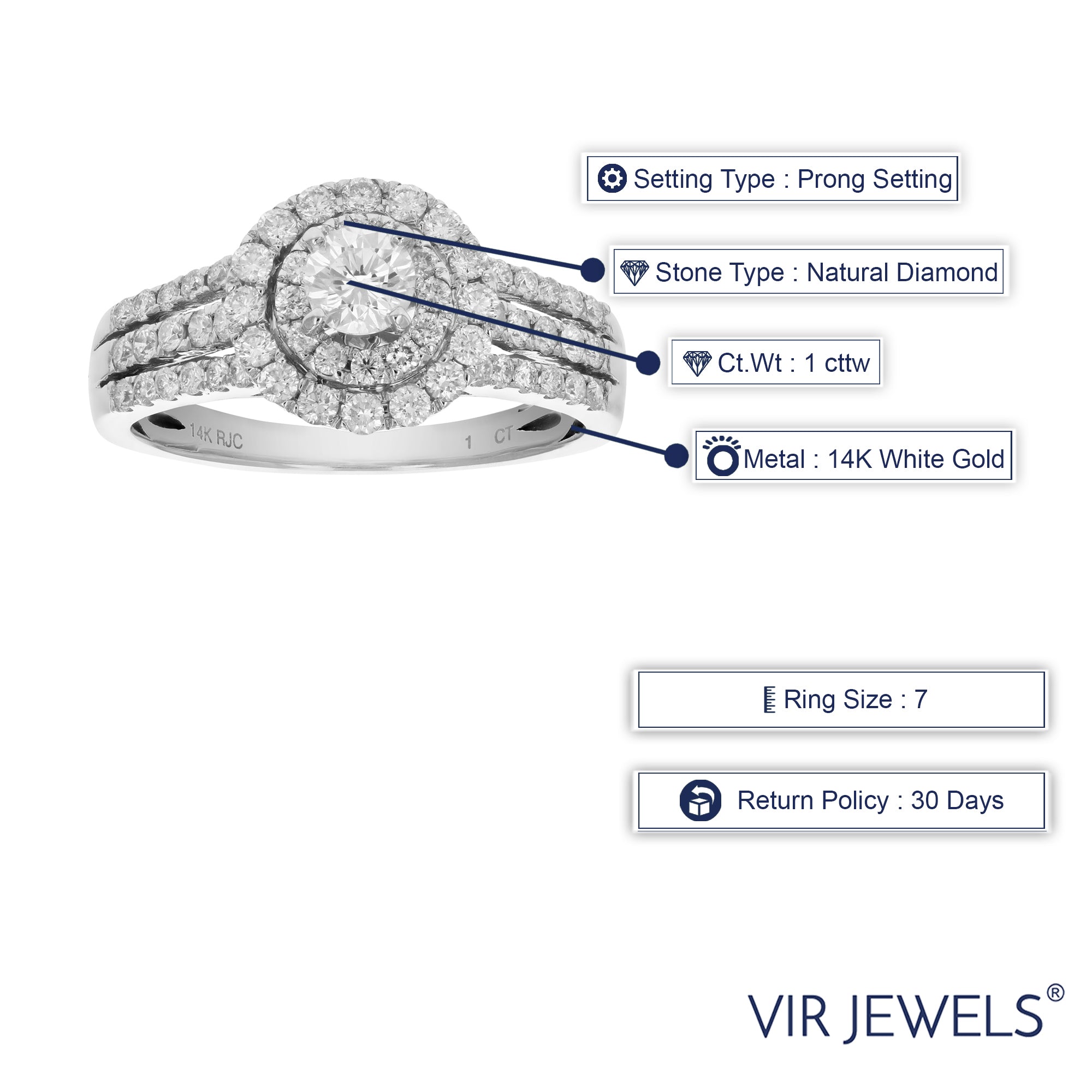 1 cttw Diamond Engagement Ring 14K White Gold Halo Style Round Bridal Wedding