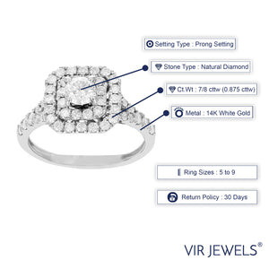7/8 cttw Diamond Wedding Engagement Ring 14K White Gold Halo Prong Set Bridal